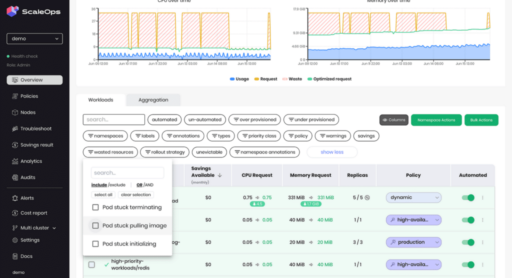 Quickly identify wasted resources using the ScaleOps platform.